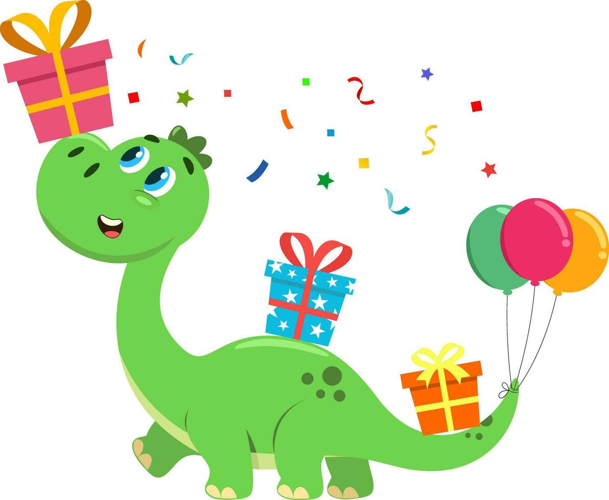 carino compleanno dinosauro cartone animato personaggio trasporta su regalo scatole. vettore illustrazione piatto design