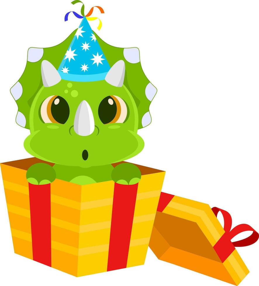 carino compleanno dinosauro cartone animato personaggio Uscita a partire dal regalo scatola. vettore illustrazione piatto design
