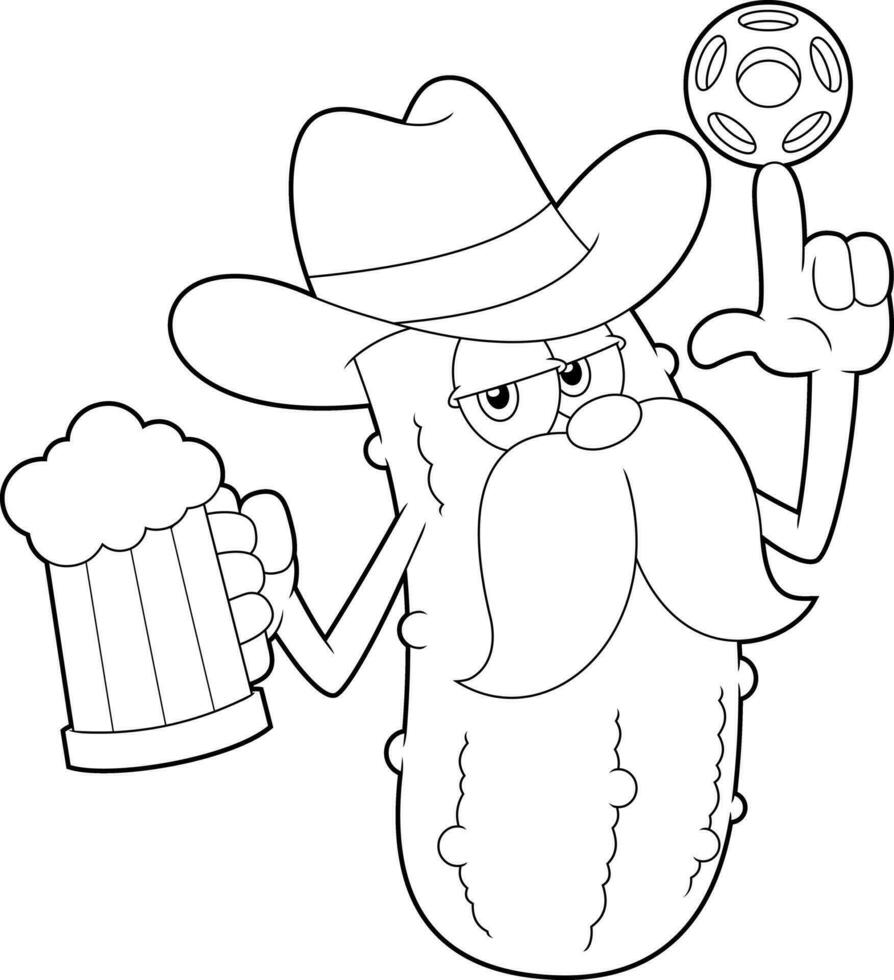 delineato cowboy salamoia cartone animato personaggio Filatura un' pickleball e Tenere un' bicchiere di birra. vettore mano disegnato illustrazione