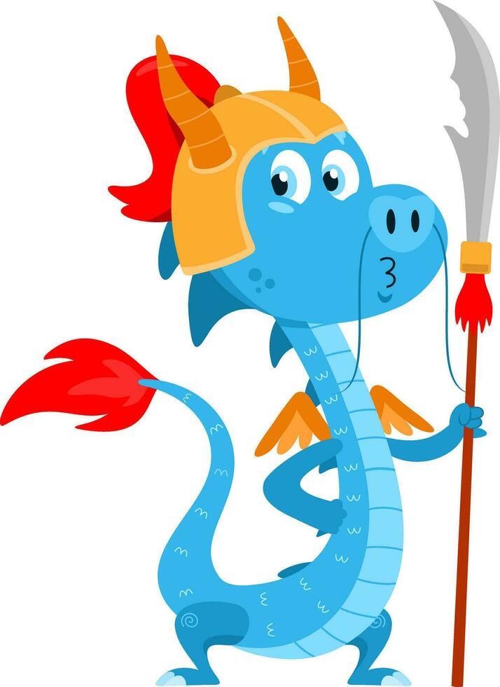 carino Cinese Drago guerriero cartone animato personaggio con mezzaluna lama. vettore illustrazione piatto design