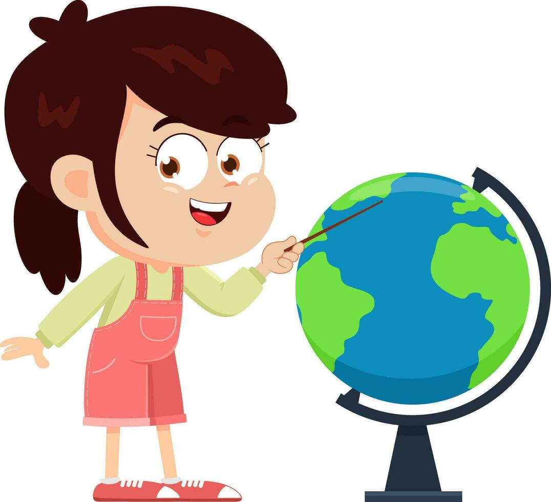 contento scuola ragazza cartone animato personaggio mostrando nel il globo. vettore illustrazione piatto design
