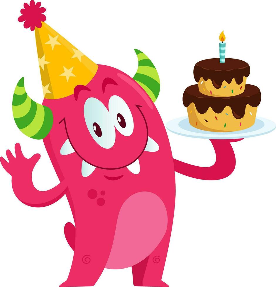 divertente mostro cartone animato personaggio indossare un' festa cappello e Tenere un' compleanno torta. vettore illustrazione piatto design