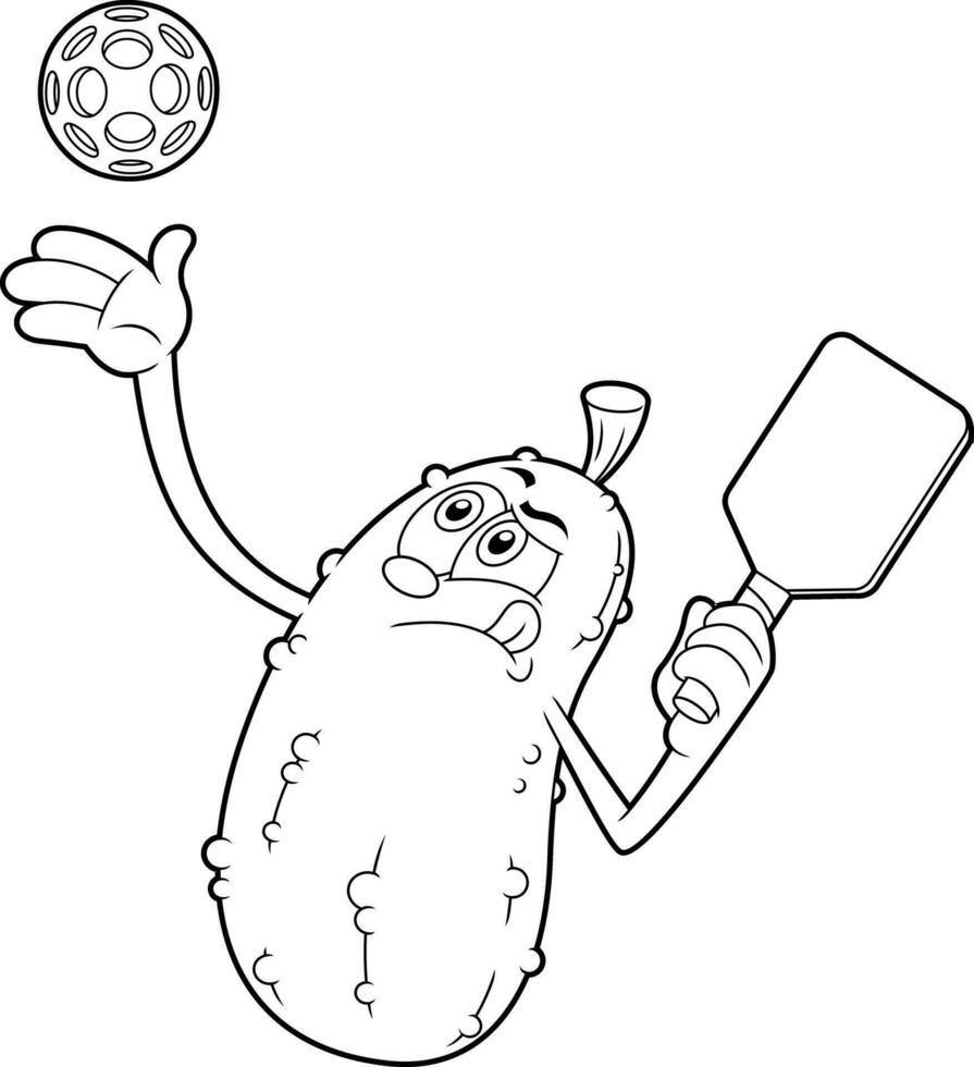 delineato divertente salamoia cartone animato personaggio colpi un' pickleball sparo. vettore mano disegnato illustrazione