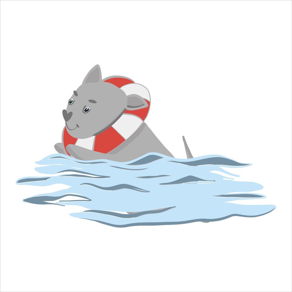 vacanze estive, il cane nuota nel mare in un cerchio di nuoto. scarabocchio di vettore, illustrazione di riserva del fumetto disegnata a mano, isolata su fondo bianco vettore