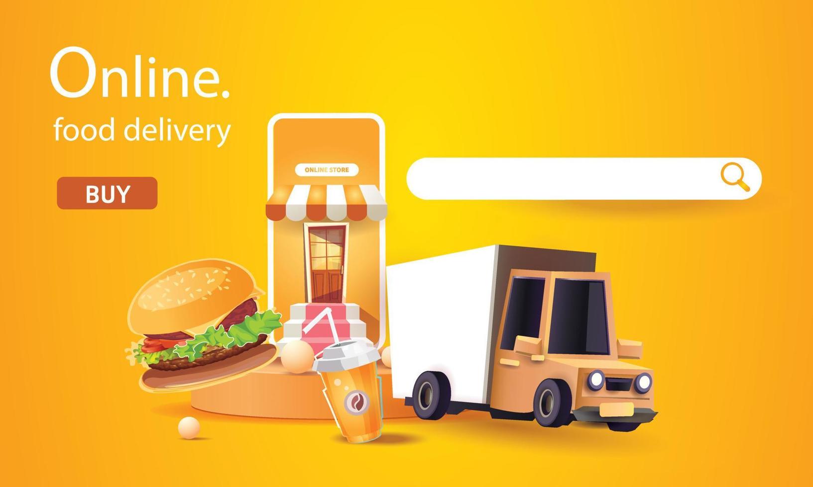 consegna cibo online sul telefono sfondo arancione illustrazione vettoriale fastfood design concept business shop promozione trasporto a casa