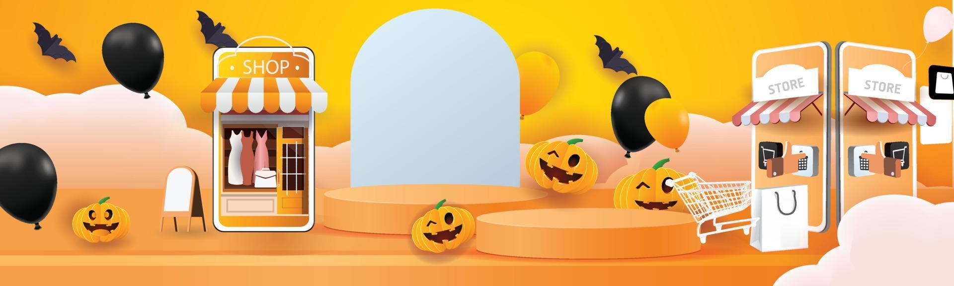 shopping online halloween sfondo arancione sul telefono vacanza vettore illustation podio fase prodotto marketing