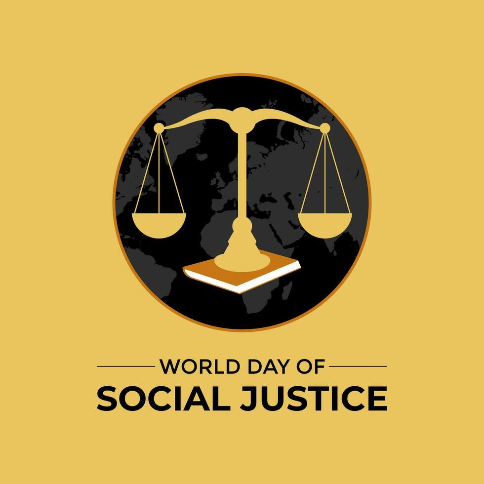 mondo giorno di sociale giustizia celebre ogni anno di 20 febbraio. dell'avvocato bilancia e legale servizio nastri. striscione, manifesto, carta, sfondo design. vettore