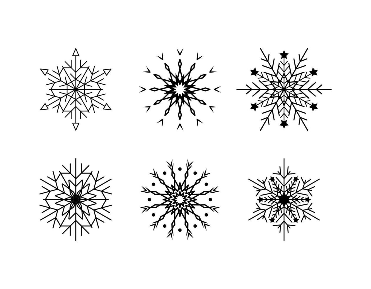 set di semplici fiocchi di neve di linee nere. decorazione festiva per capodanno e natale vettore