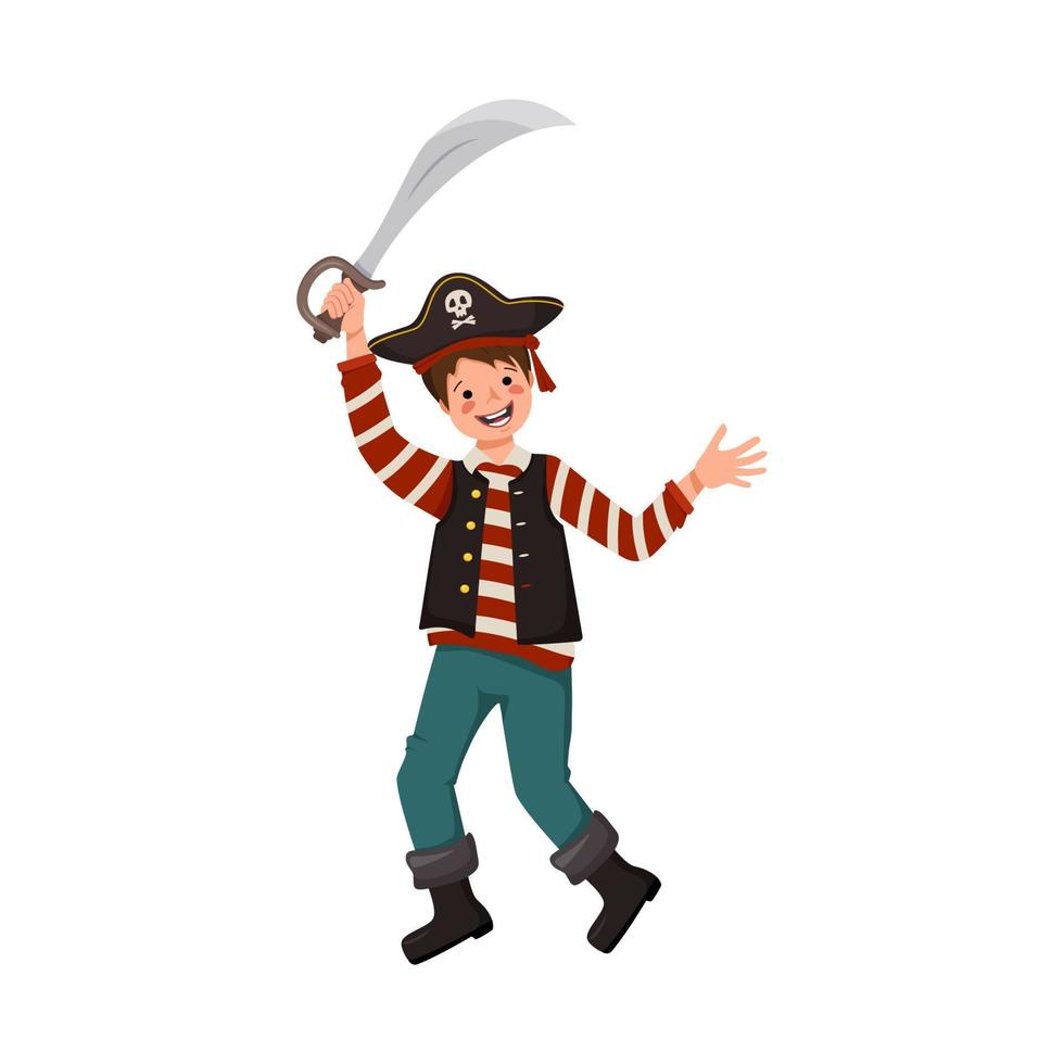 felice pirata ragazzo con sciabola e cappello a tre punte. gioioso bambino in costume di carnevale agitando la spada. abbigliamento festivo per halloween, vacanze e design per bambini vettore