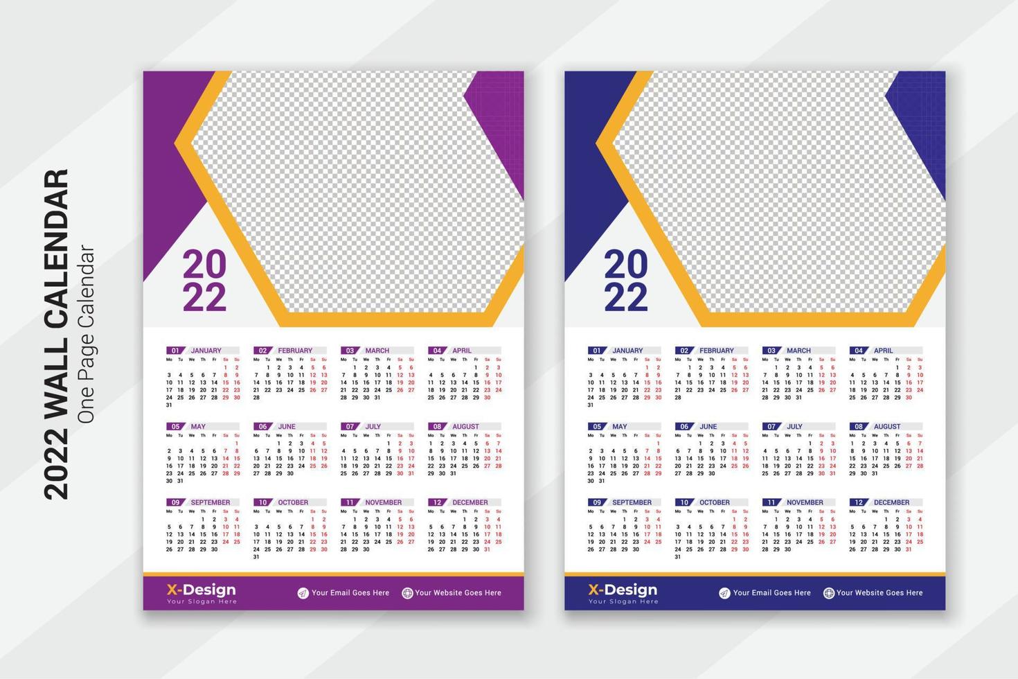 design del modello di calendario da parete di una pagina 2022 vettore