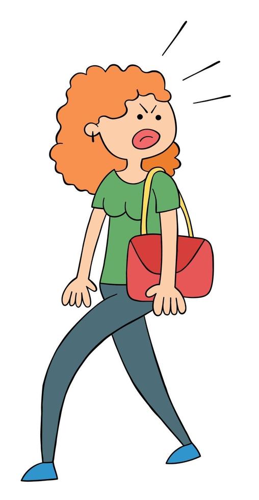 cartone animato donna arrabbiata e guardando indietro, illustrazione vettoriale