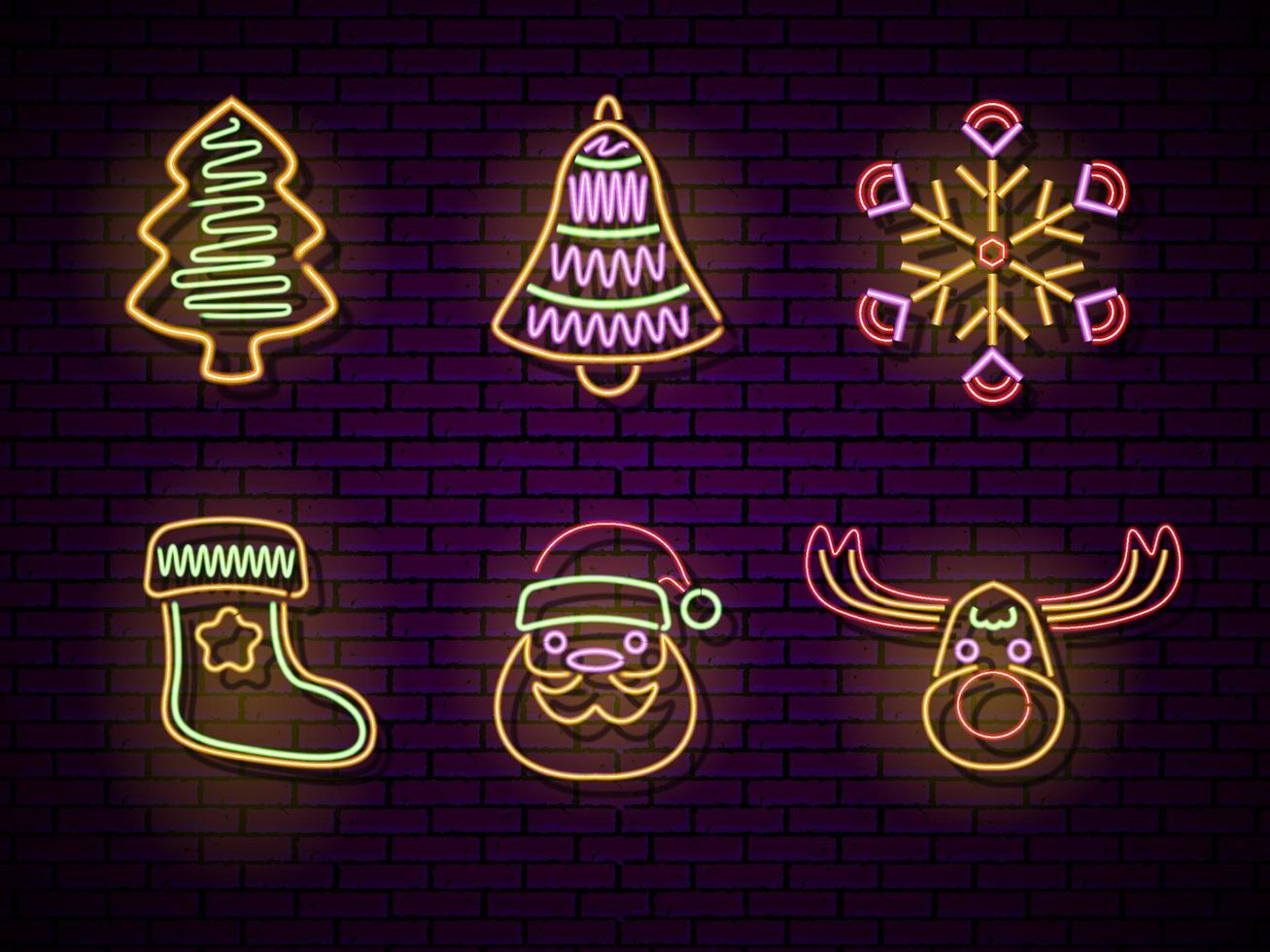 set di oggetti natalizi con effetto luce al neon vettore
