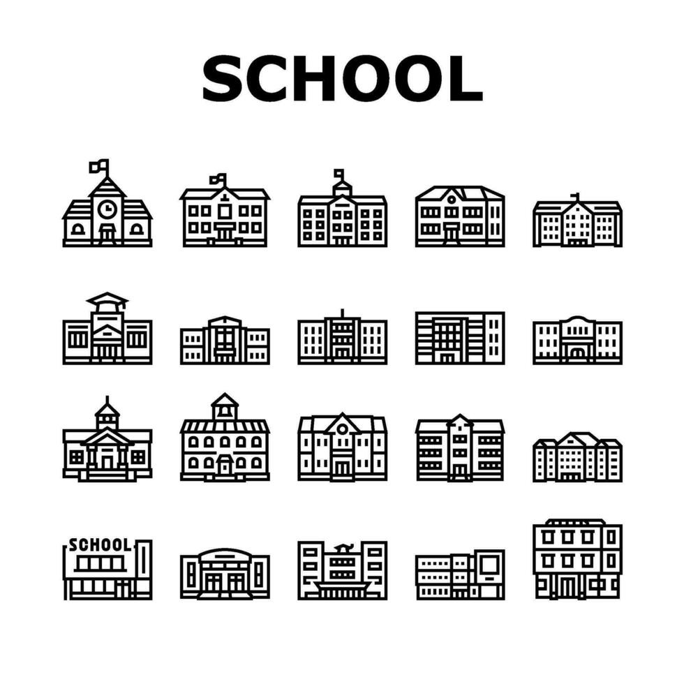 edificio scuola esterno moderno icone impostato vettore