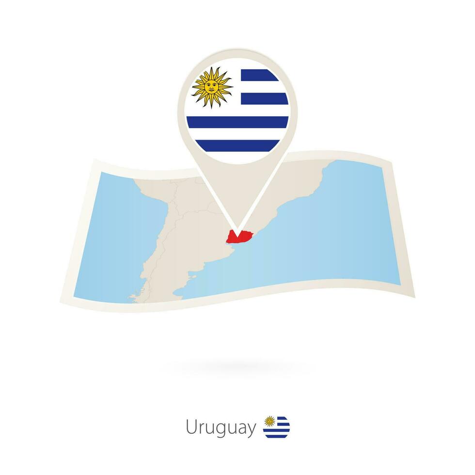 piegato carta carta geografica di Uruguay con bandiera perno di Uruguay. vettore