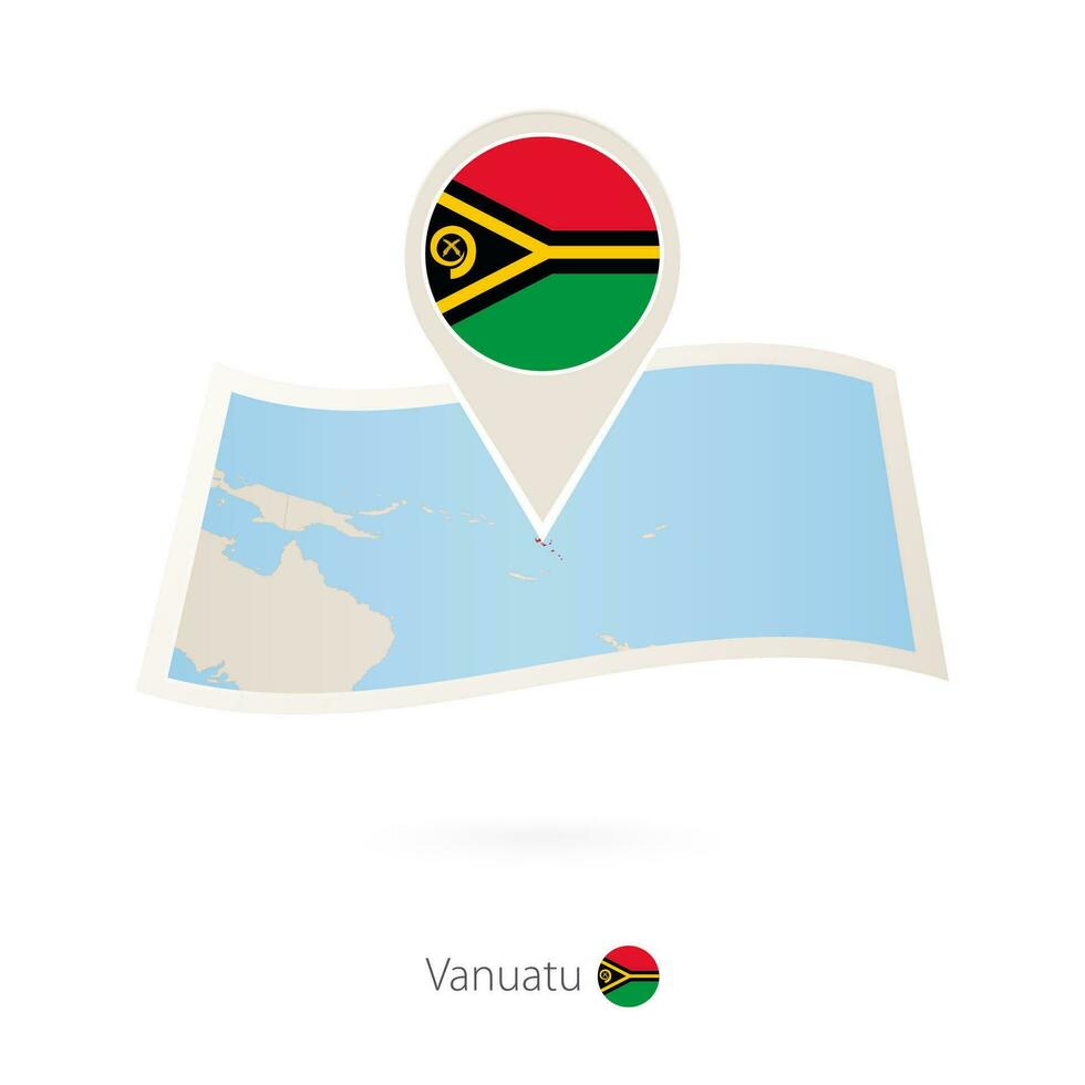 piegato carta carta geografica di vanuatu con bandiera perno di vanuatu. vettore