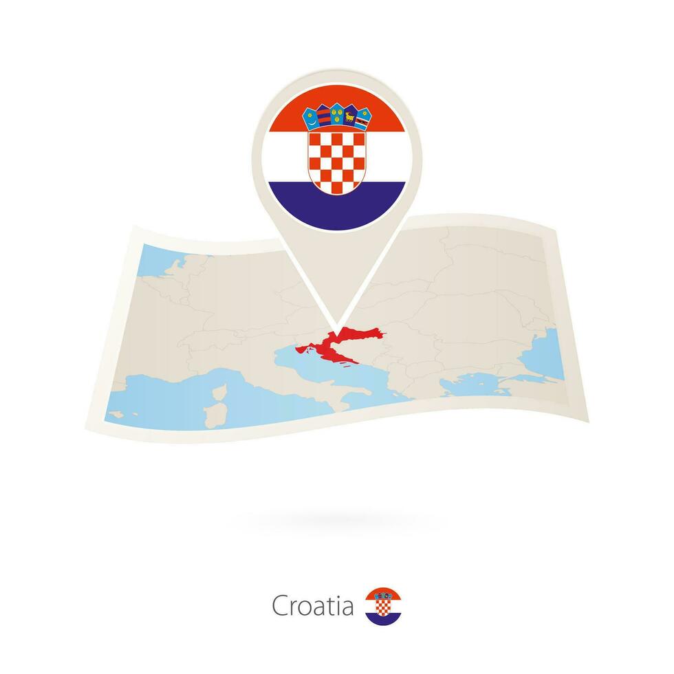 piegato carta carta geografica di Croazia con bandiera perno di Croazia. vettore