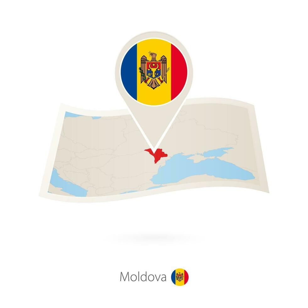 piegato carta carta geografica di moldova con bandiera perno di moldova. vettore