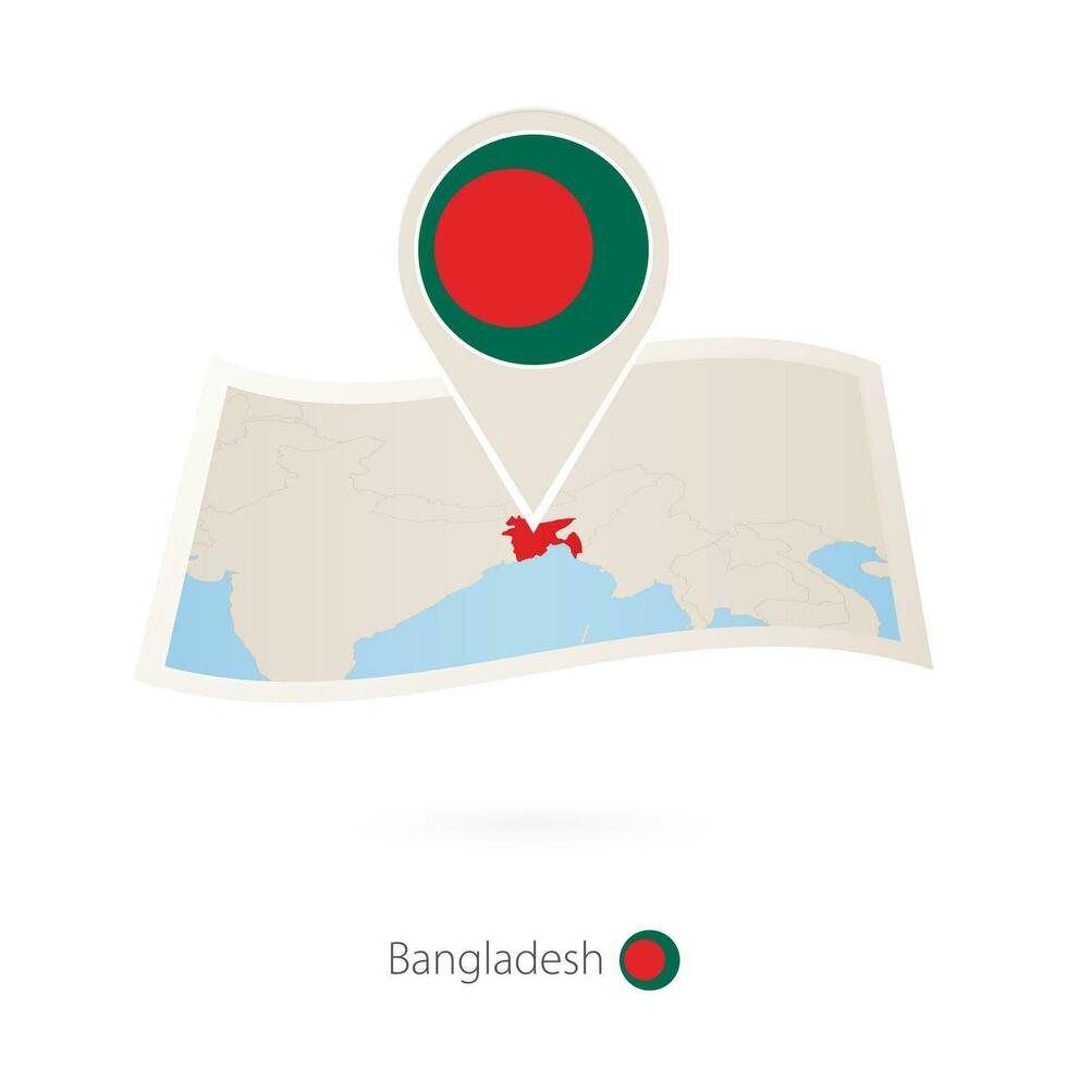 piegato carta carta geografica di bangladesh con bandiera perno di bangladesh. vettore