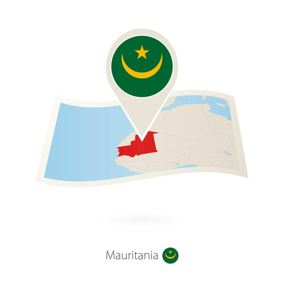 piegato carta carta geografica di mauritania con bandiera perno di mauritania. vettore