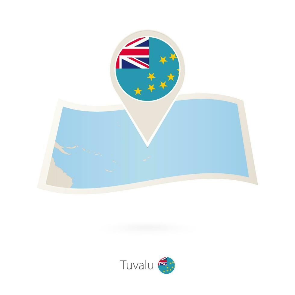 piegato carta carta geografica di tuvalu con bandiera perno di tuvalu. vettore