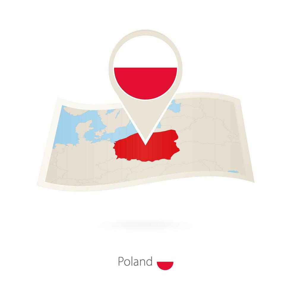 piegato carta carta geografica di Polonia con bandiera perno di Polonia. vettore