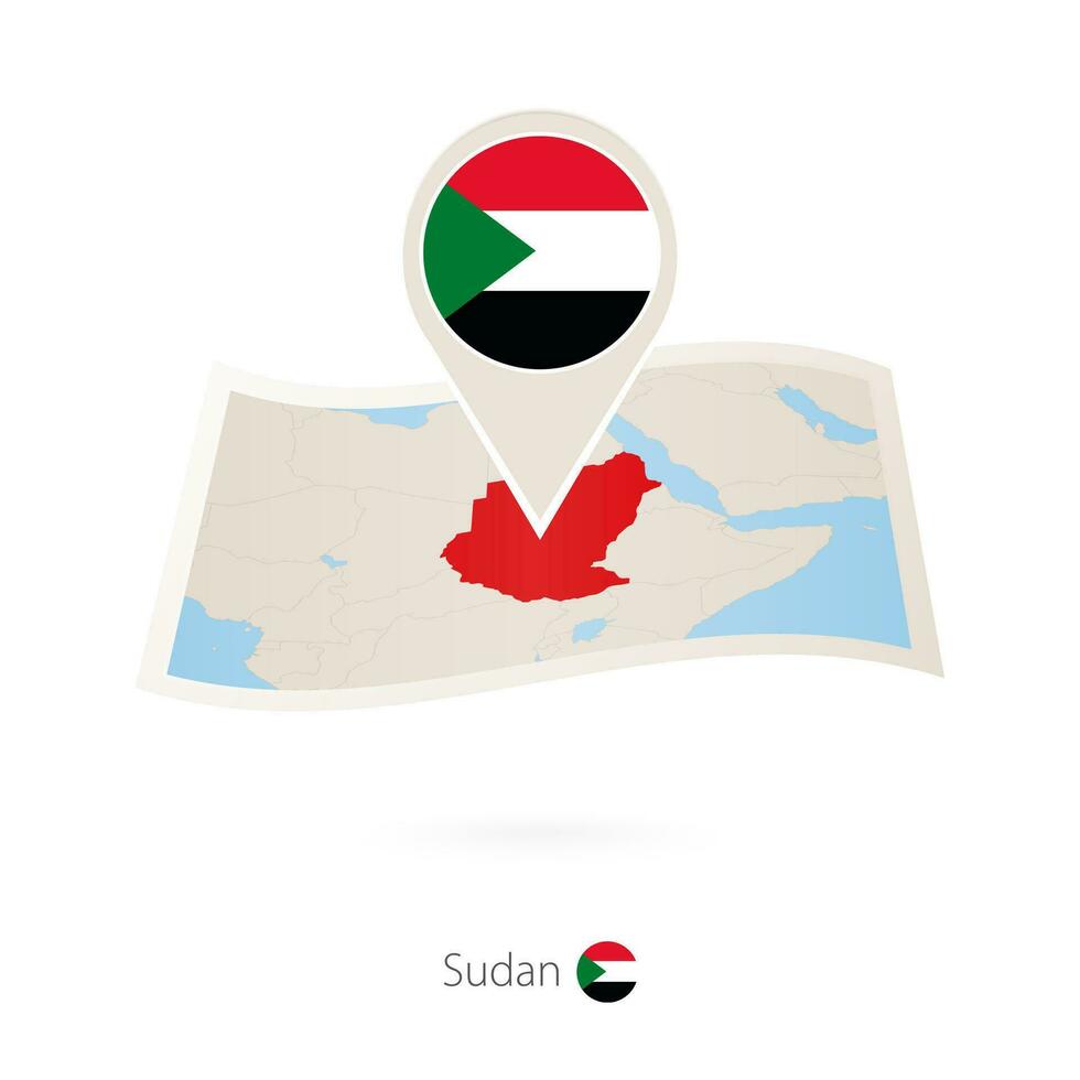 piegato carta carta geografica di Sudan con bandiera perno di Sudan. vettore