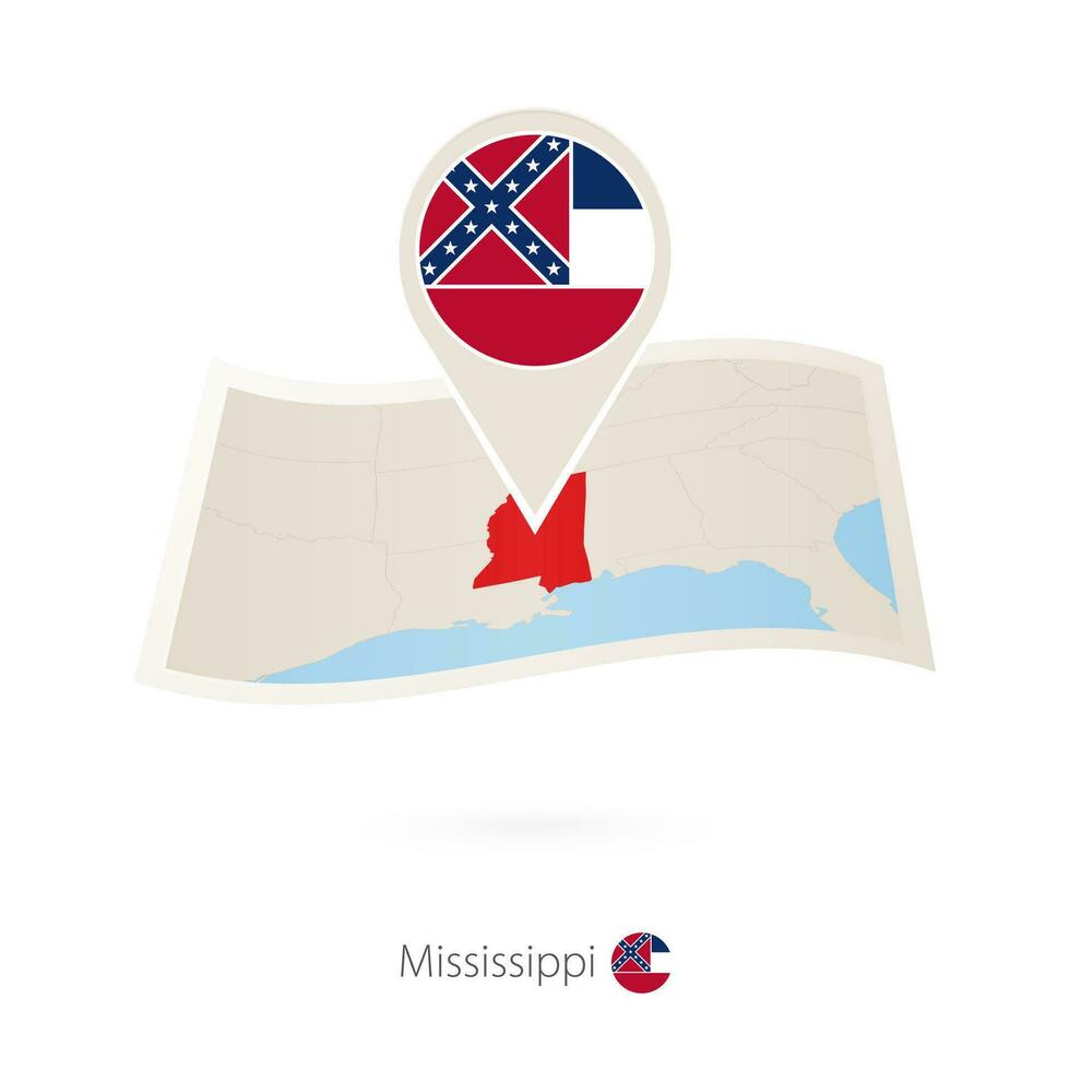 piegato carta carta geografica di Mississippi noi stato con bandiera perno di Mississippi. vettore