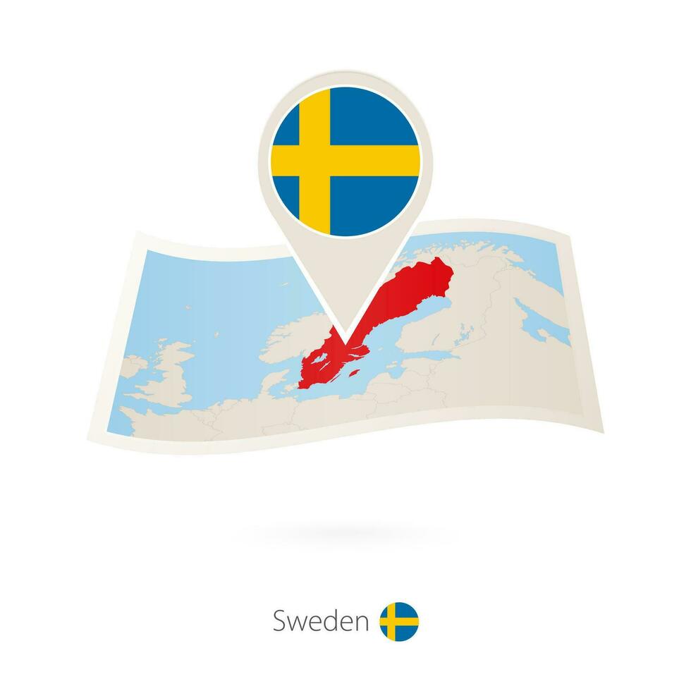 piegato carta carta geografica di Svezia con bandiera perno di Svezia. vettore