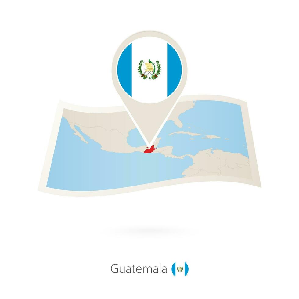 piegato carta carta geografica di Guatemala con bandiera perno di Guatemala. vettore