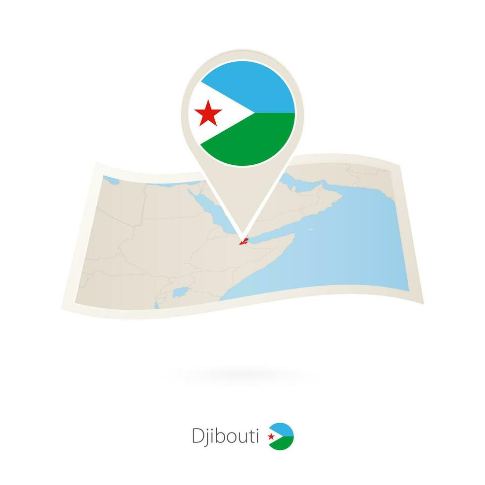 piegato carta carta geografica di Gibuti con bandiera perno di Gibuti. vettore