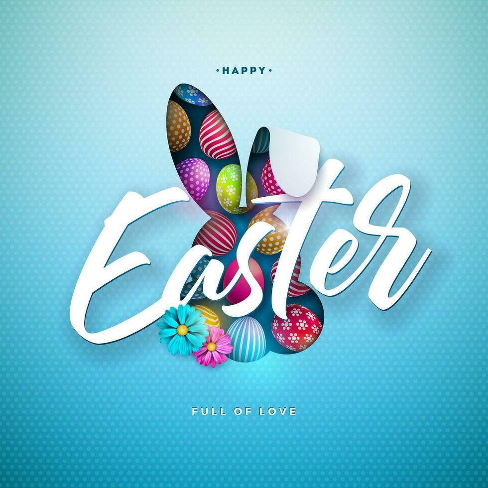 contento Pasqua illustrazione con colorato dipinto uovo e coniglio orecchie su blu sfondo. vacanza celebrazione vettore design con fiore per saluto carta, festa invito o promo striscione.