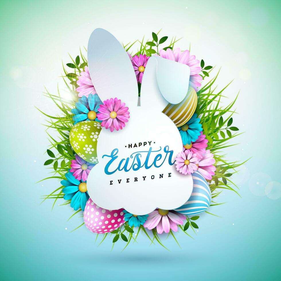 vettore illustrazione di contento Pasqua vacanza con dipinto uovo e primavera fiore su brillante leggero blu sfondo. internazionale celebrazione design con coniglio forma e tipografia per saluto carta