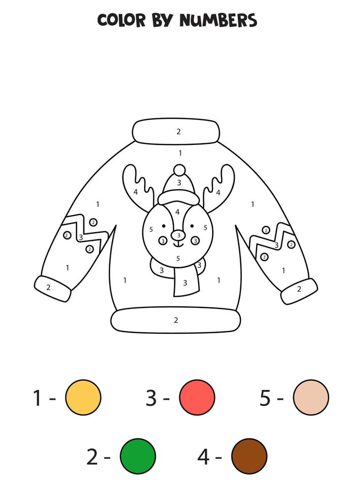 maglione di natale del fumetto di colore dai numeri. foglio di lavoro per bambini. vettore