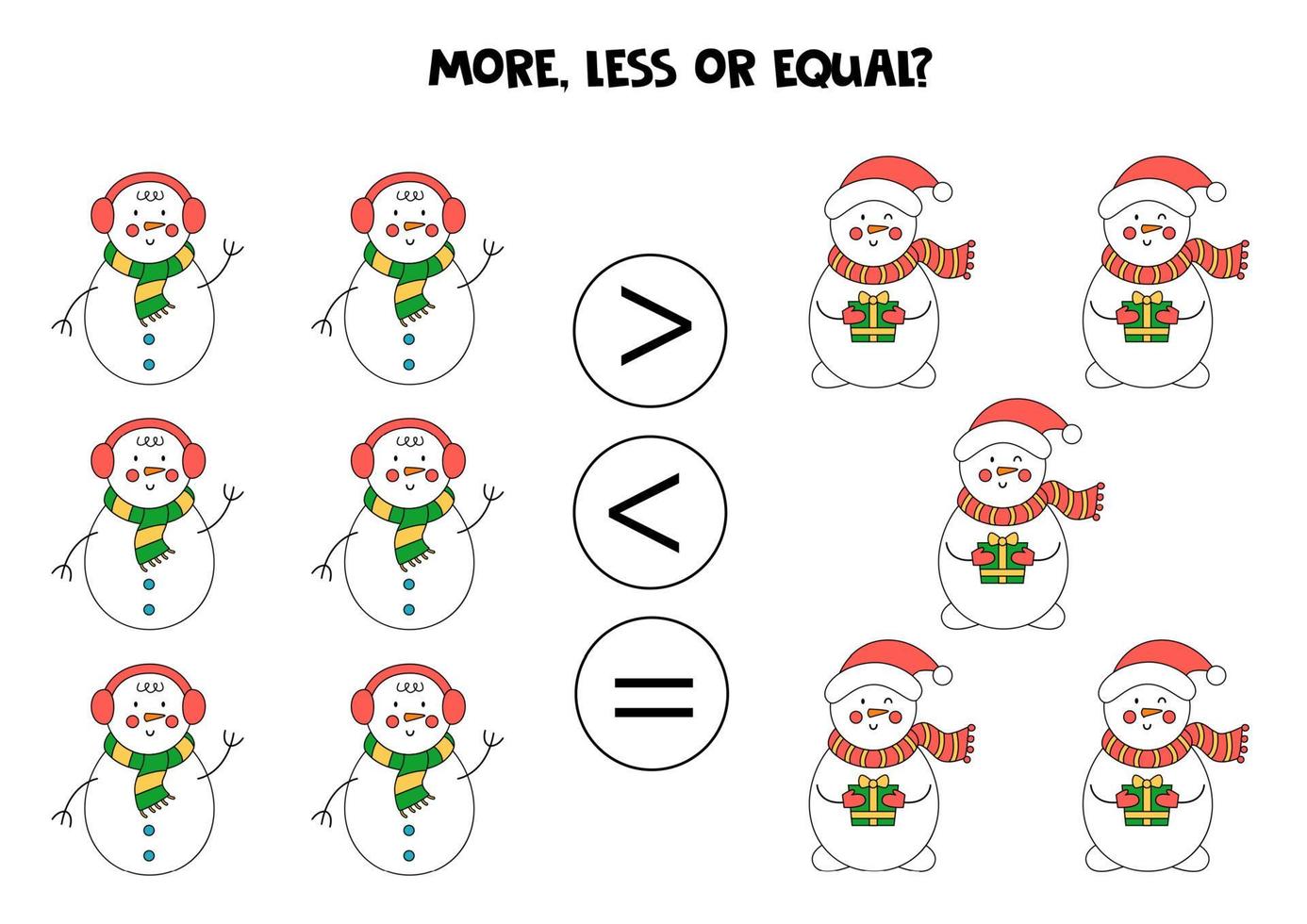 più, meno, uguale ai pupazzi di neve di Natale. confronto matematico. vettore
