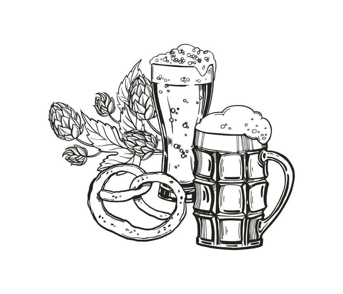 mano disegnato vettore schizzo di birra Festival tema, pieno birra bicchiere con schiuma, luppolo pianta con le foglie e mini cuffie, Tedesco forno pretzel, nero e bianca illustrazione di Oktoberfest, bianca sfondo