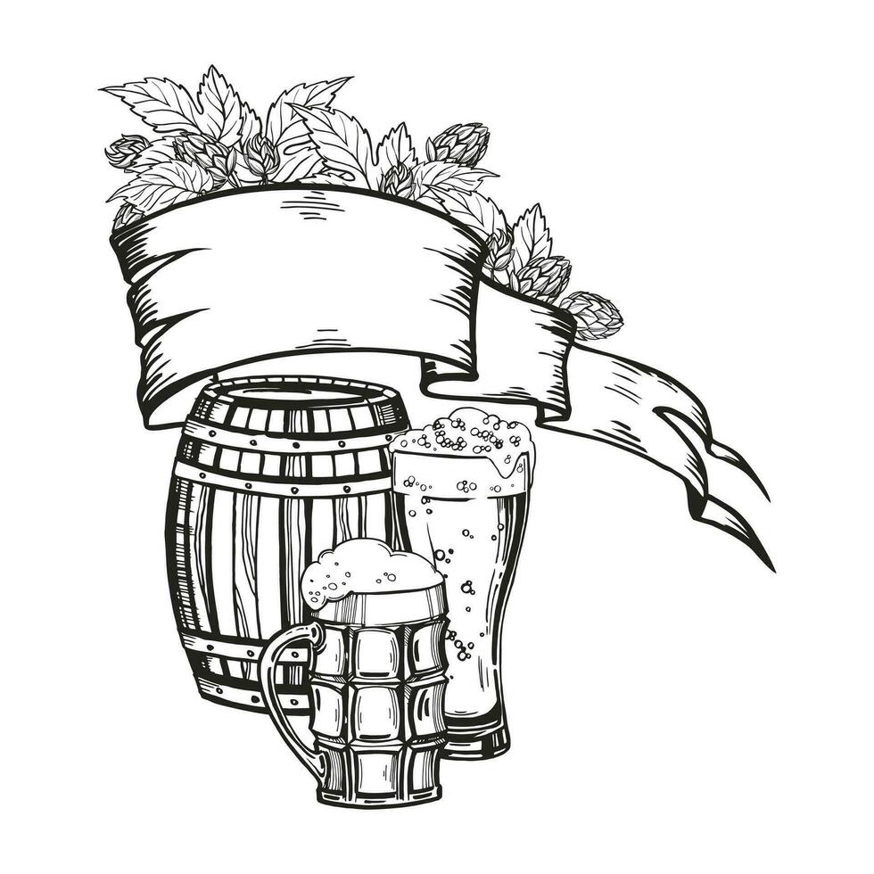 mano disegnato vettore composizione con di legno botte, birra, birra occhiali, vecchio bandiera nastro e rami di luppolo pianta, nero e bianca illustrazione di birra tema, inchiostrato illustrazione per birra Festival