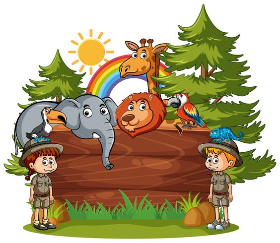 Modello di cartello in legno con bambini e animali vettore