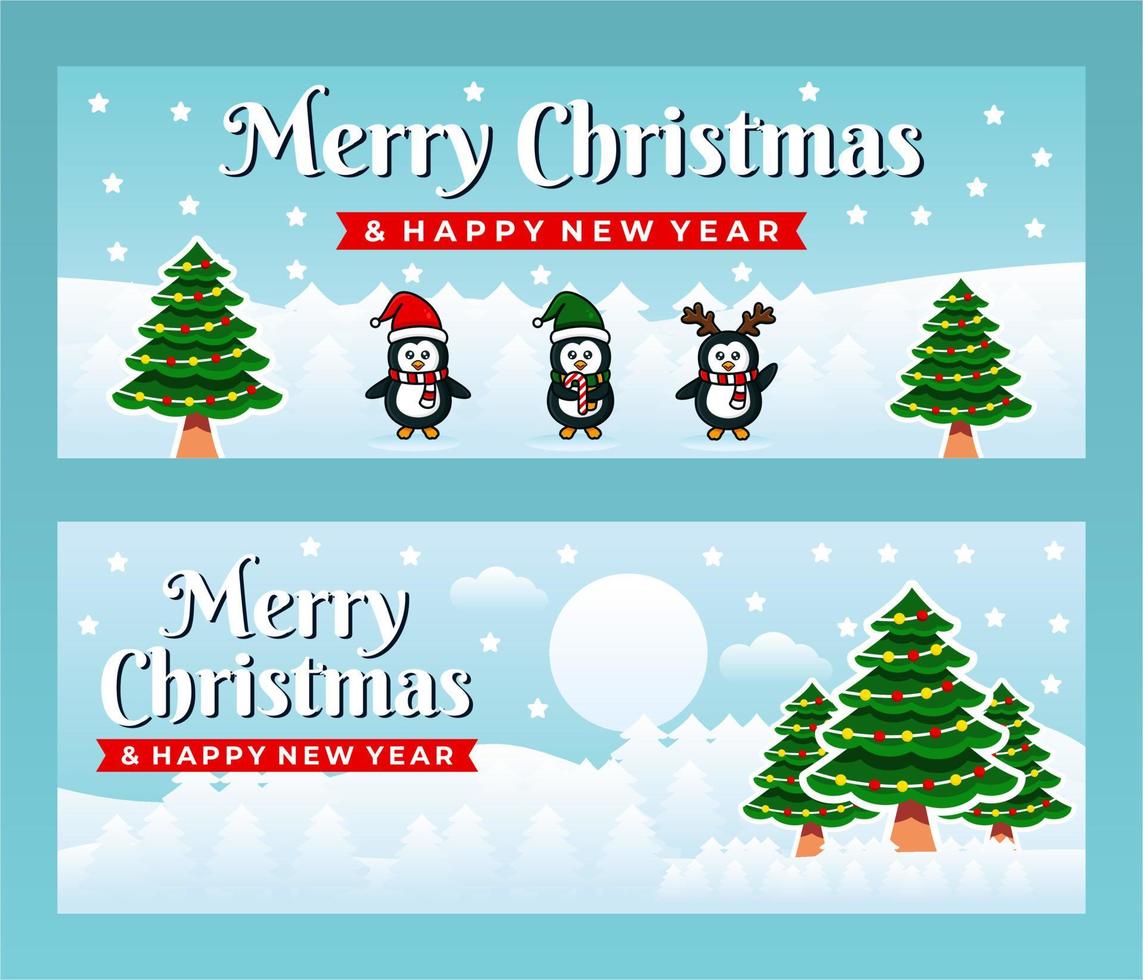 buon natale e felice anno nuovo modello di banner con pinguini vettore