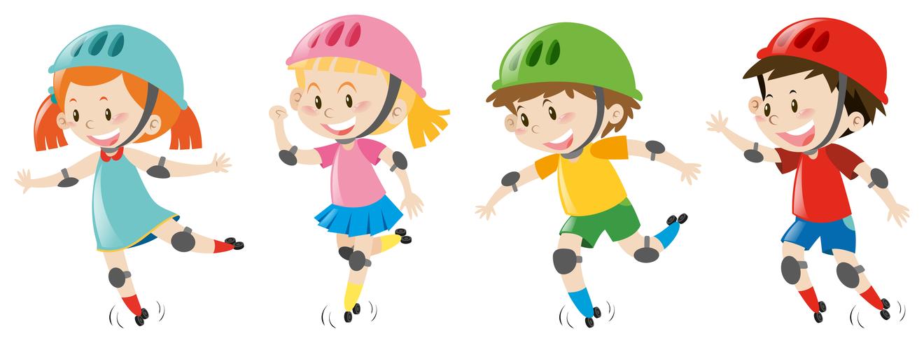 Quattro bambini che indossano il casco vettore