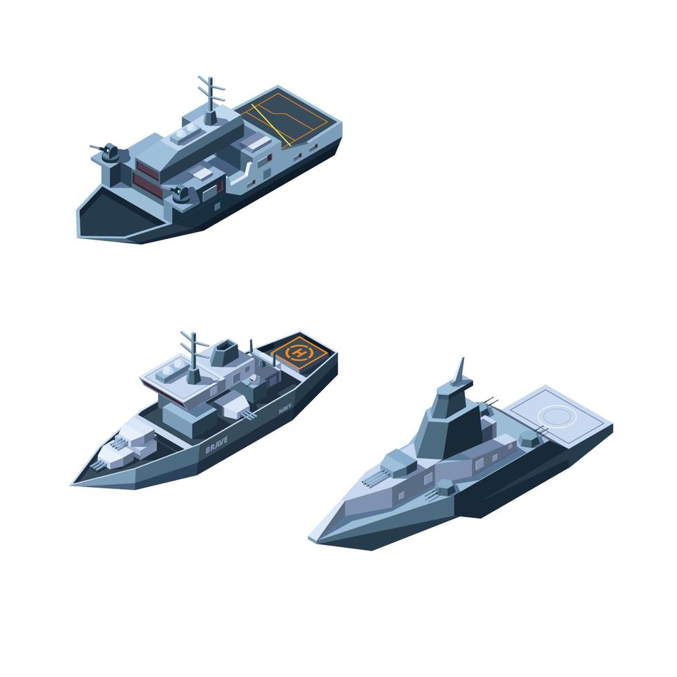 set di immagini isometriche della marina americana del molo delle navi da guerra vettore