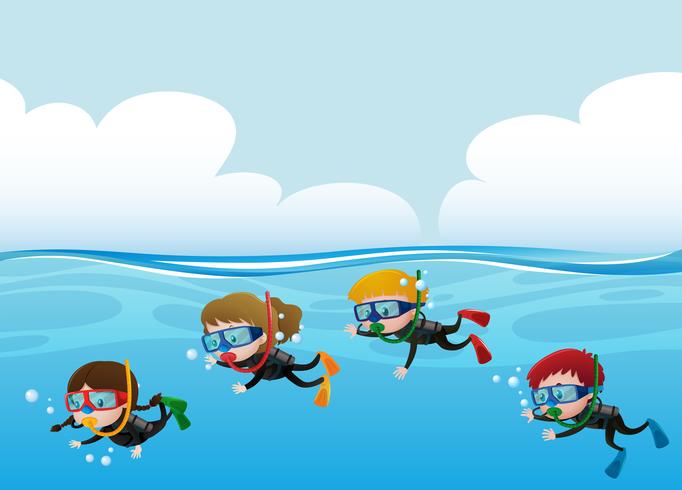 Immersioni subacquee di quattro bambini sotto l&#39;oceano vettore