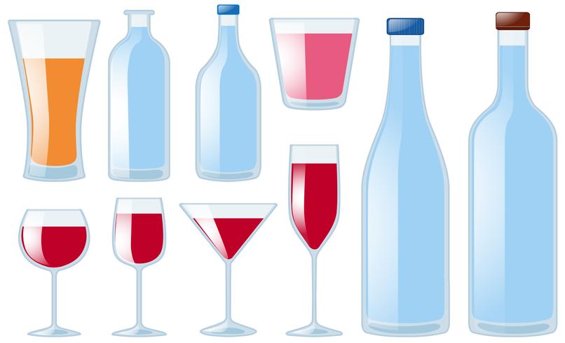 Diversi tipi di bicchieri e bottiglie vettore