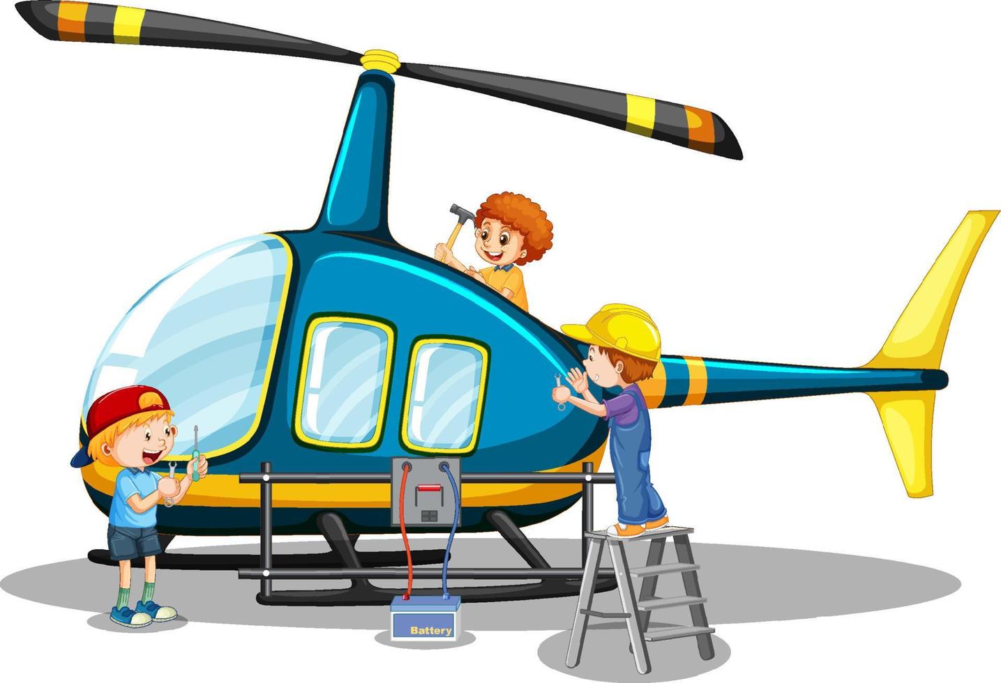 bambini che riparano insieme elicottero su sfondo bianco vettore