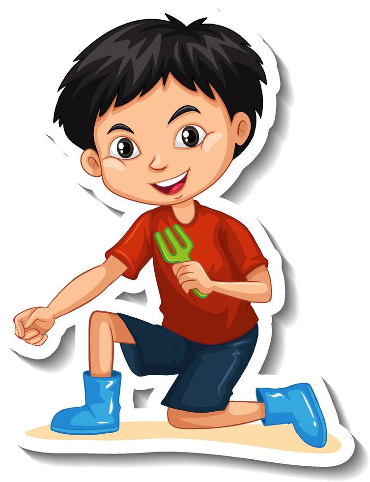 un ragazzo che tiene l'adesivo del personaggio dei cartoni animati dell'attrezzo da giardinaggio vettore