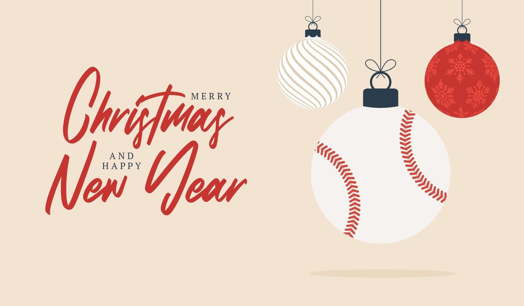 biglietto di auguri di Natale di baseball. buon natale e felice anno nuovo banner sportivo cartone animato piatto. palla da baseball come una palla di Natale sullo sfondo. illustrazione vettoriale. vettore