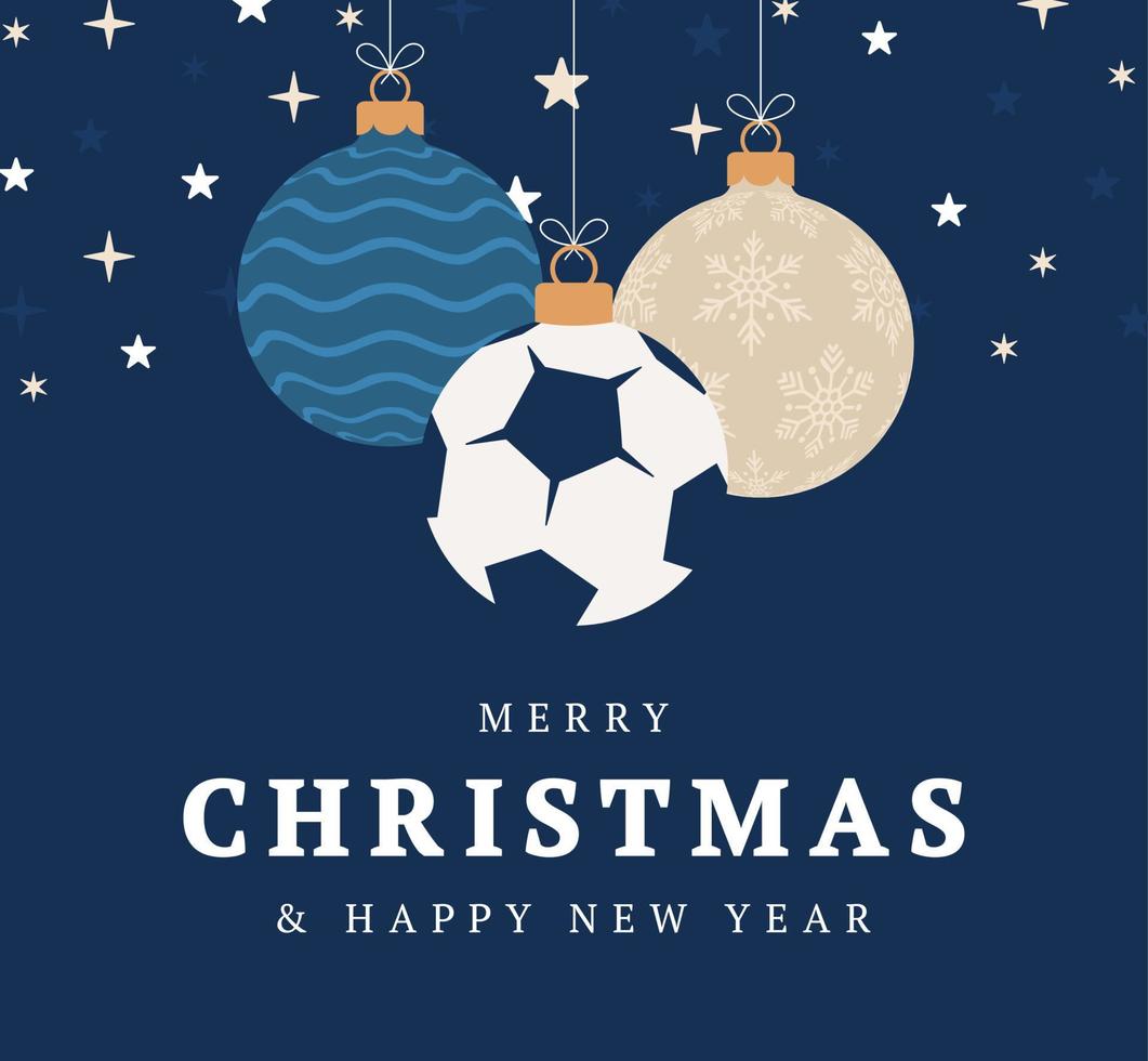 biglietto di auguri di Natale di calcio. buon natale e felice anno nuovo banner sportivo cartone animato piatto. pallone da calcio come una palla di Natale sullo sfondo. illustrazione vettoriale. vettore