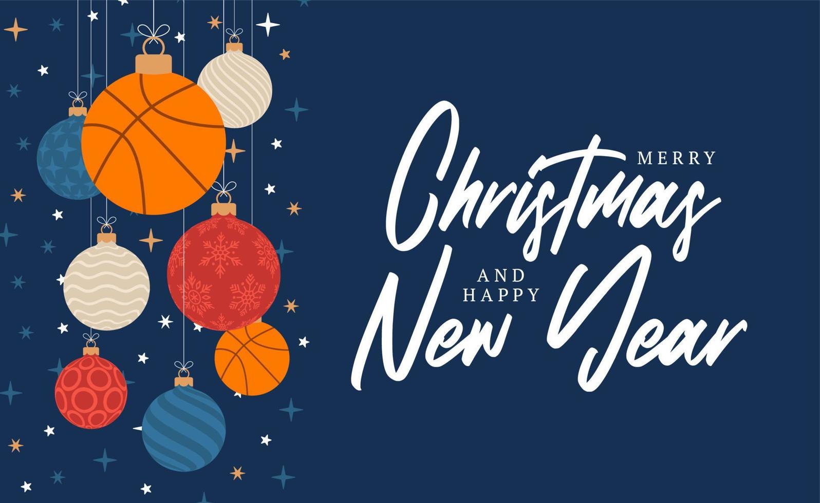 biglietto di auguri di natale basket. buon natale e felice anno nuovo banner sportivo cartone animato piatto. palla da basket come una palla di Natale sullo sfondo. illustrazione vettoriale. vettore