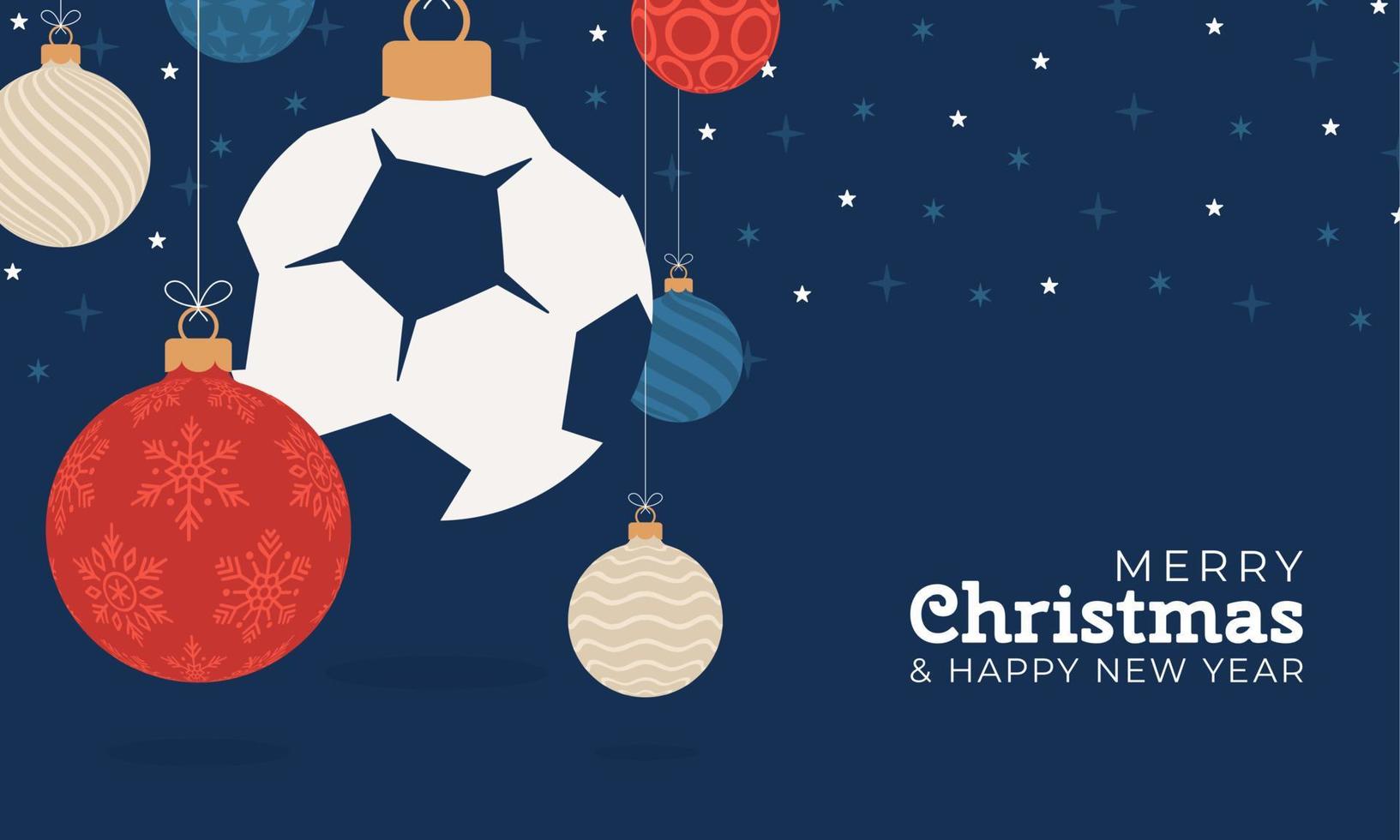 biglietto di auguri di Natale di calcio. buon natale e felice anno nuovo banner sportivo cartone animato piatto. pallone da calcio come una palla di Natale sullo sfondo. illustrazione vettoriale. vettore