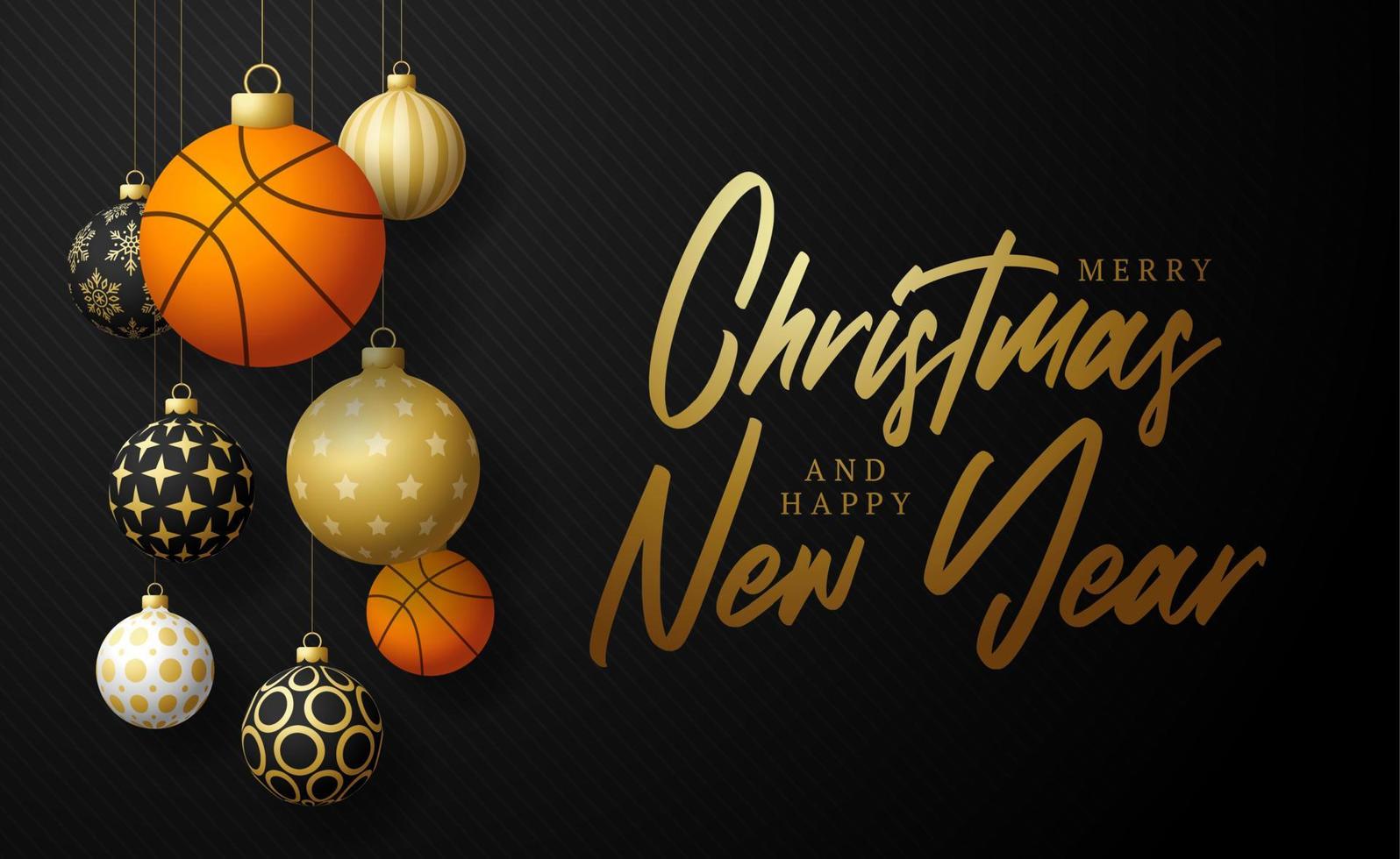 cartolina di Natale di basket. auguri di buon natale sport. appendere a una palla da basket filo come una palla di Natale e una pallina d'oro su sfondo nero orizzontale. illustrazione vettoriale di sport.