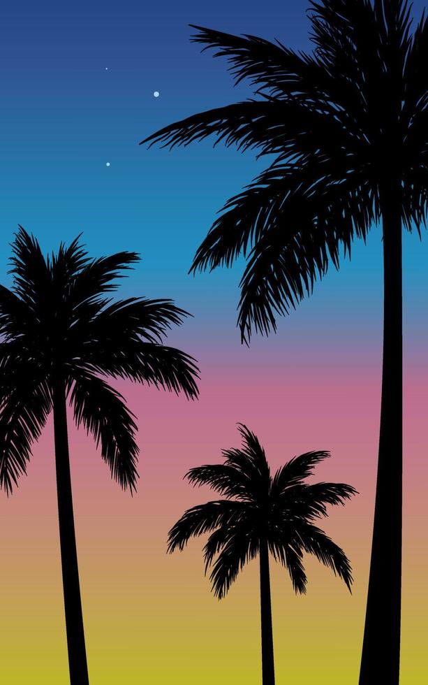 alberi di cocco al tramonto o all'alba con sfondo colorato del cielo vettore